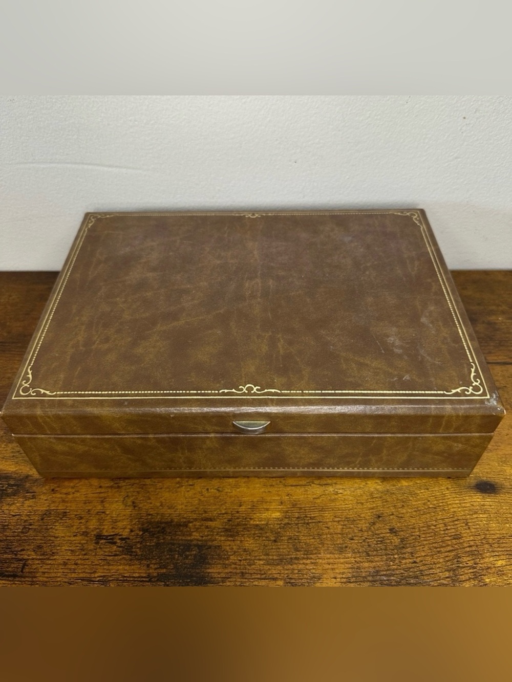 VTG Buxton Brown Faux Leather Jewelry Box Mens Valet Deep Purple Velvet MCM